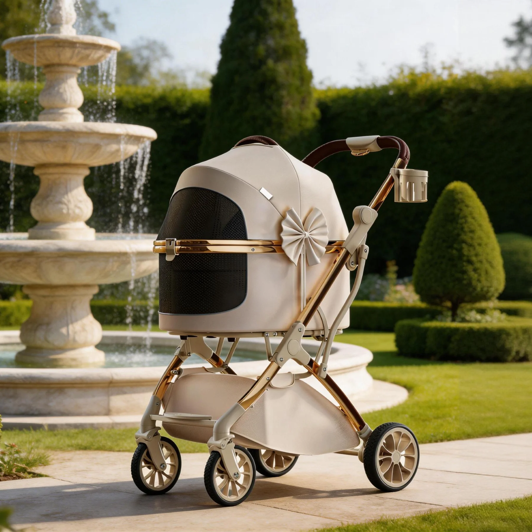 Luxury Lightweight Pet Stroller, One Click Fold Breathable Pet Cart With Detachable Basket Easy To Carry