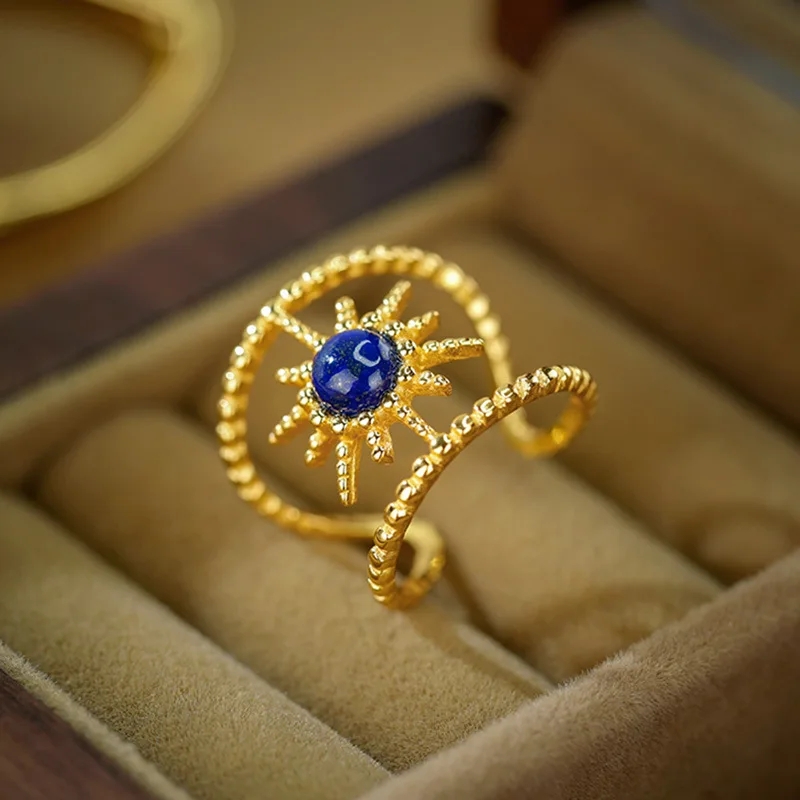

S925 Серебряное инкрустированное кольцо из лазурита, полое качество, солнце, ретро, высококачественное позолоченное, светлое, роскошное, изысканное, натуральный лазурит