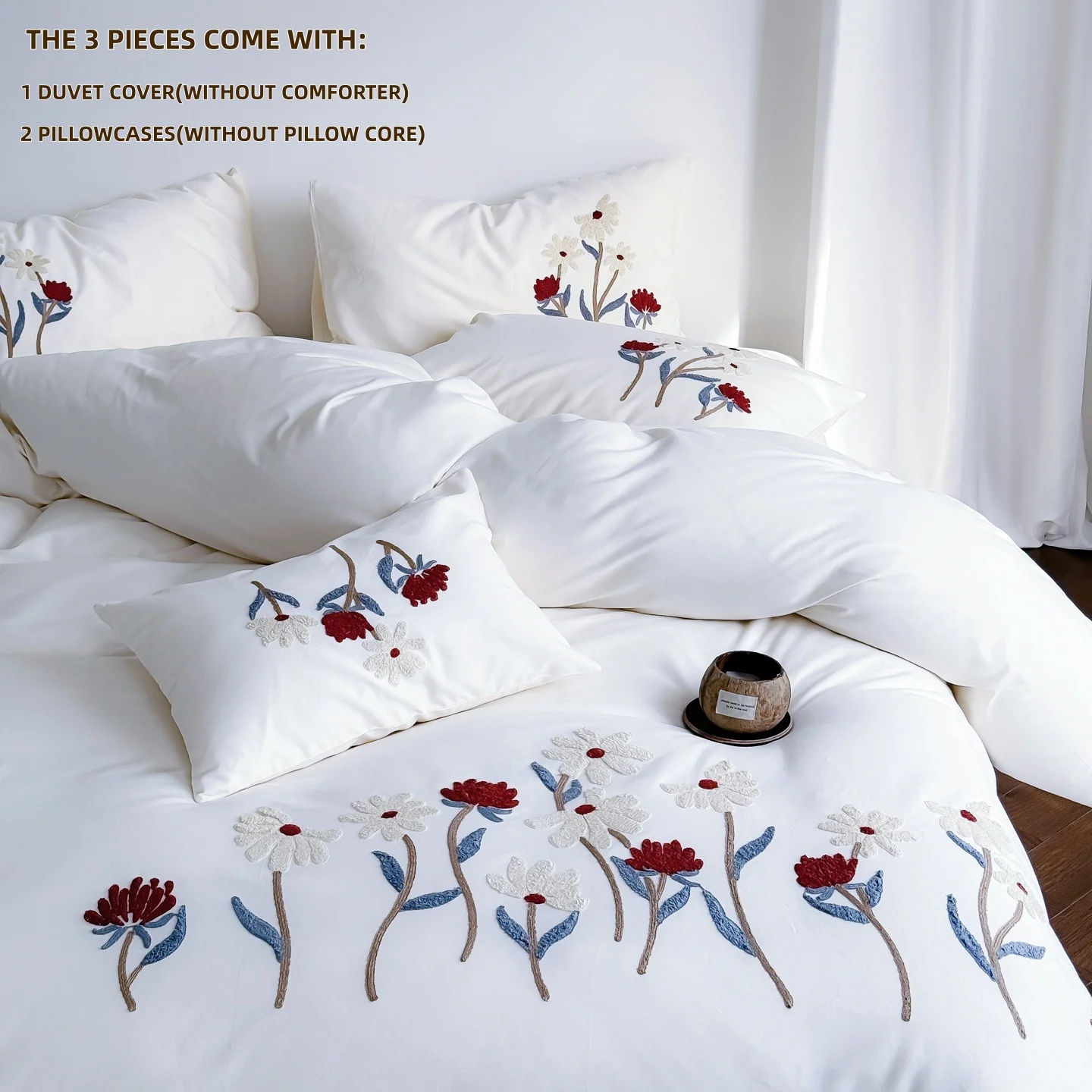 3pcs Embroidery flowers Duvet Cover Set (1*Duvet Cover + 2*Pillowcase, Without Core),soft fabricBedding Set