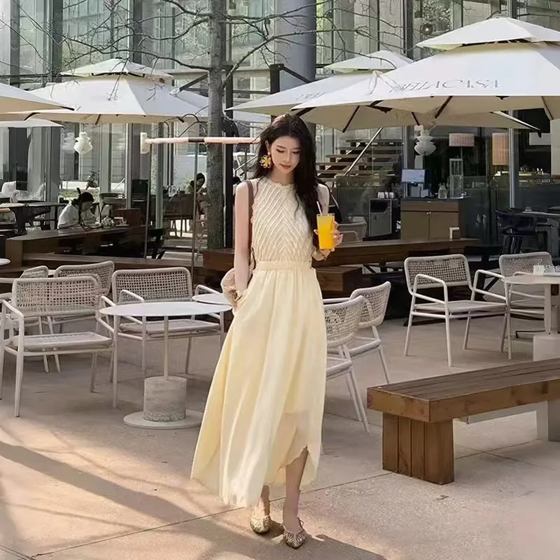 

Women's Sleeveless Dress, Pleated Waist Long Dress, Fashion Elegant French Dress, High Quality, Summer, New, 2025, y2k