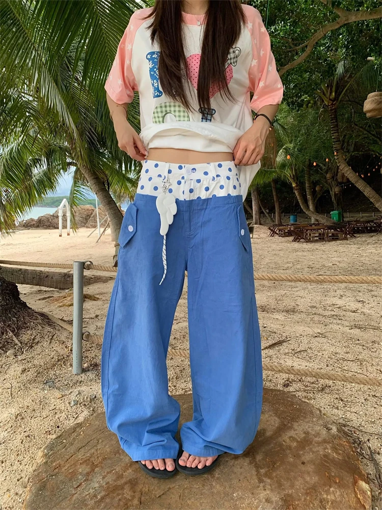 Women's Splicing Fake Two Piece Design Casual Pants High Waist Thin Trousers Street Bottoms Female Wide Leg Blue Sweatpants