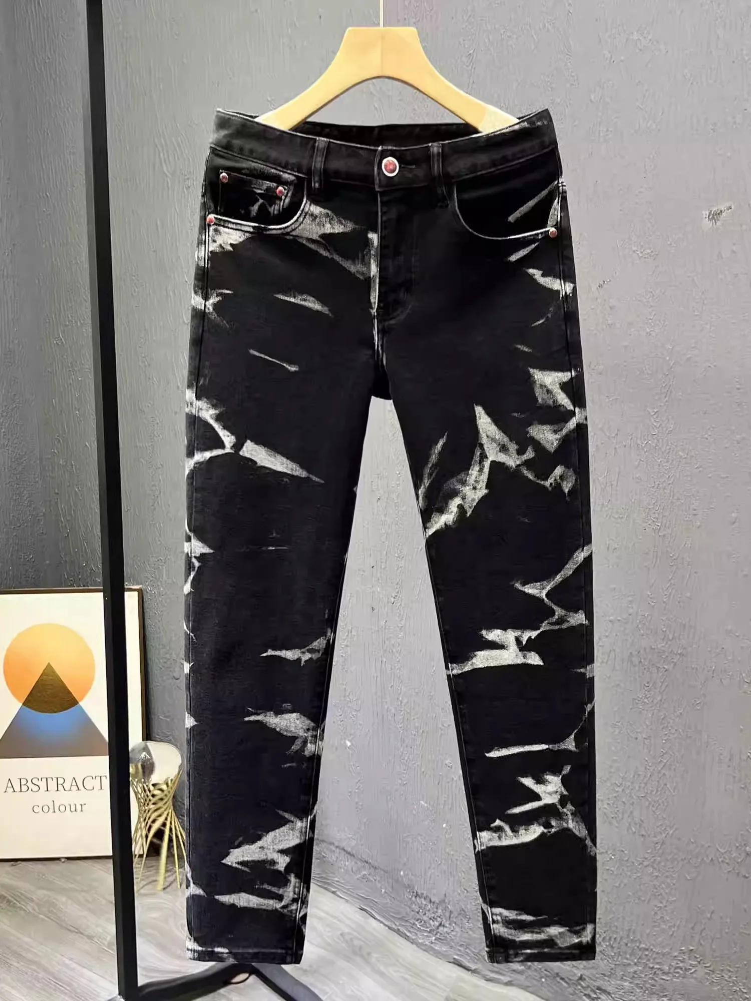 

Faionable Korean Sle Men's Jeans Bla Elastic Slim Fit Casual Pants Spring Summer New Arrival Versatile mid Waist Zipper