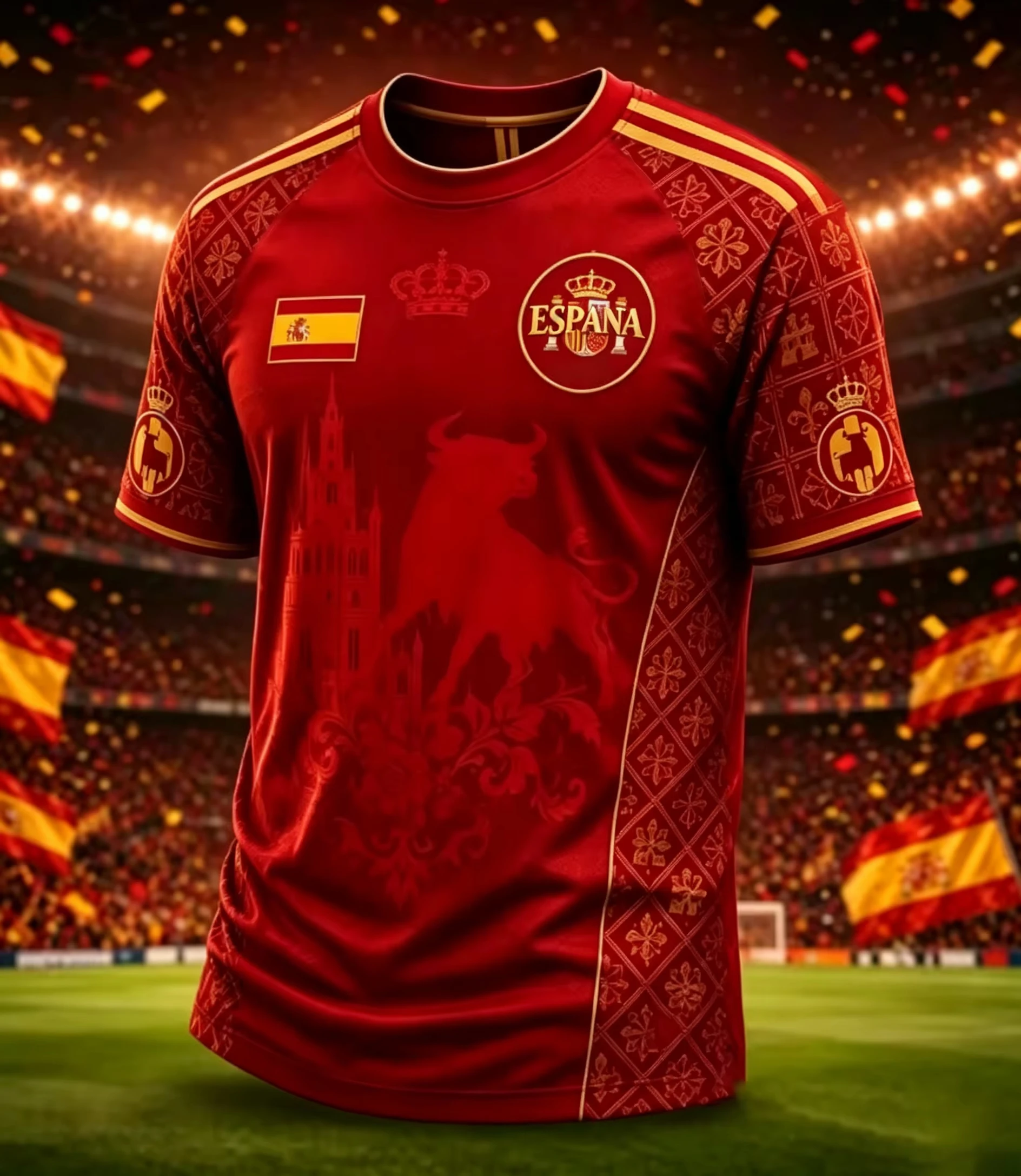 2026 Neues ESPANA-Style Rotes Sporttrikot mit Bullen-Architektur-Druck, Subtiler Goldener Schulterstreifen, Unisex Schnelltrocknendes Trainingsshirt