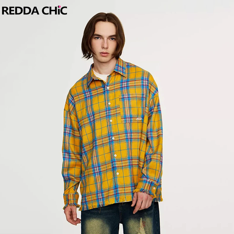 

REDDACHIC винтажная желтая клетчатая рубашка контрастного цвета с длинным рукавом, свободная повседневная однобортная блузка с лацканами, топ, мужская осенняя верхняя одежда