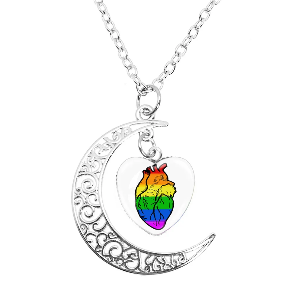 Gay Pride Rainbow Flag Peach Heart Moon Necklace Lesbian LGBT Pride Bright Color Glass Cabochon High Quality Chaveiro Gay Gift