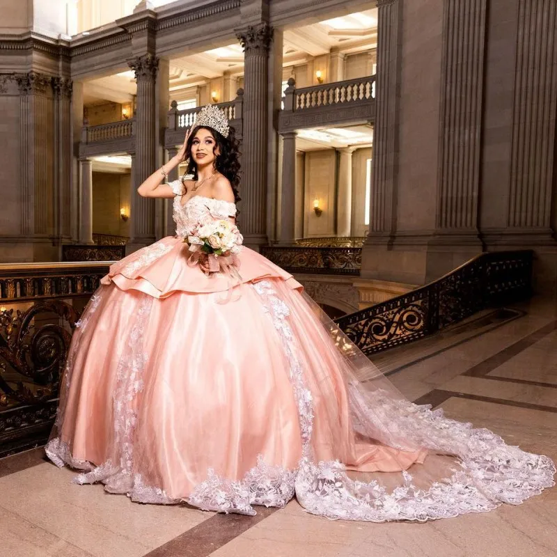 Doymeny-vestidos rosa princesa quinceanera para menina, vestido de baile, vestido doce 16, apliques de miçangas, renda, aniversário, 15ª festa, 2023