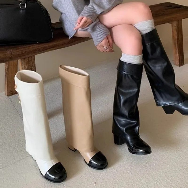 Elegant Black White Spliced Knee High Boots Ladies Foldable Cuff Gold Buttons Round Toe Block Heel Tall Boots view 5