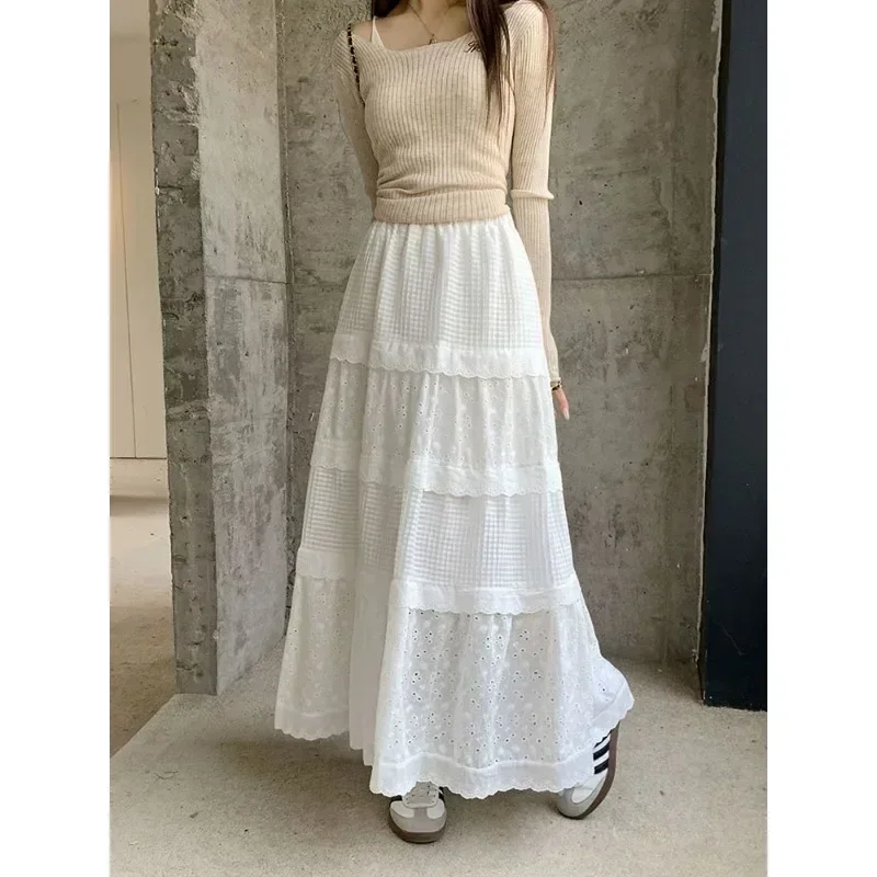 White Hollow-out Long Skirts for Women Three-Dimensional Crocheted Long Skirts New Korean Style High Elastic Waist Female Skirts