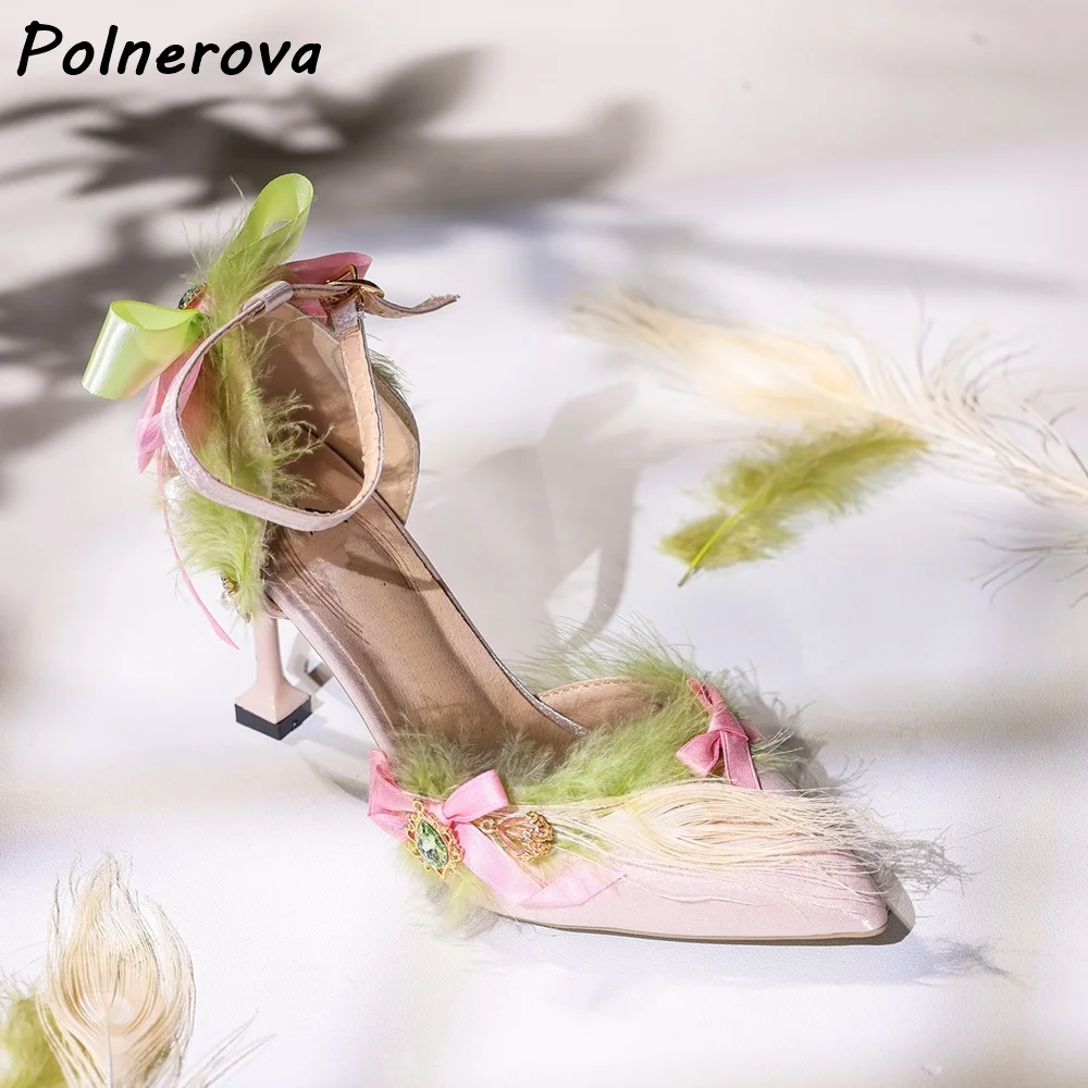 รองเท้าส้นสูงแบบมีสายรัดข้อเท้าประดับคริสตัล ปลายแหลม ส้นบาง แบบโปร่ง สไตล์โลลิต้า  ตกแต่งด้วยขนนกยูง  รองเท้าแฟชั่นสไตล์หวานสำหรับผู้หญิง