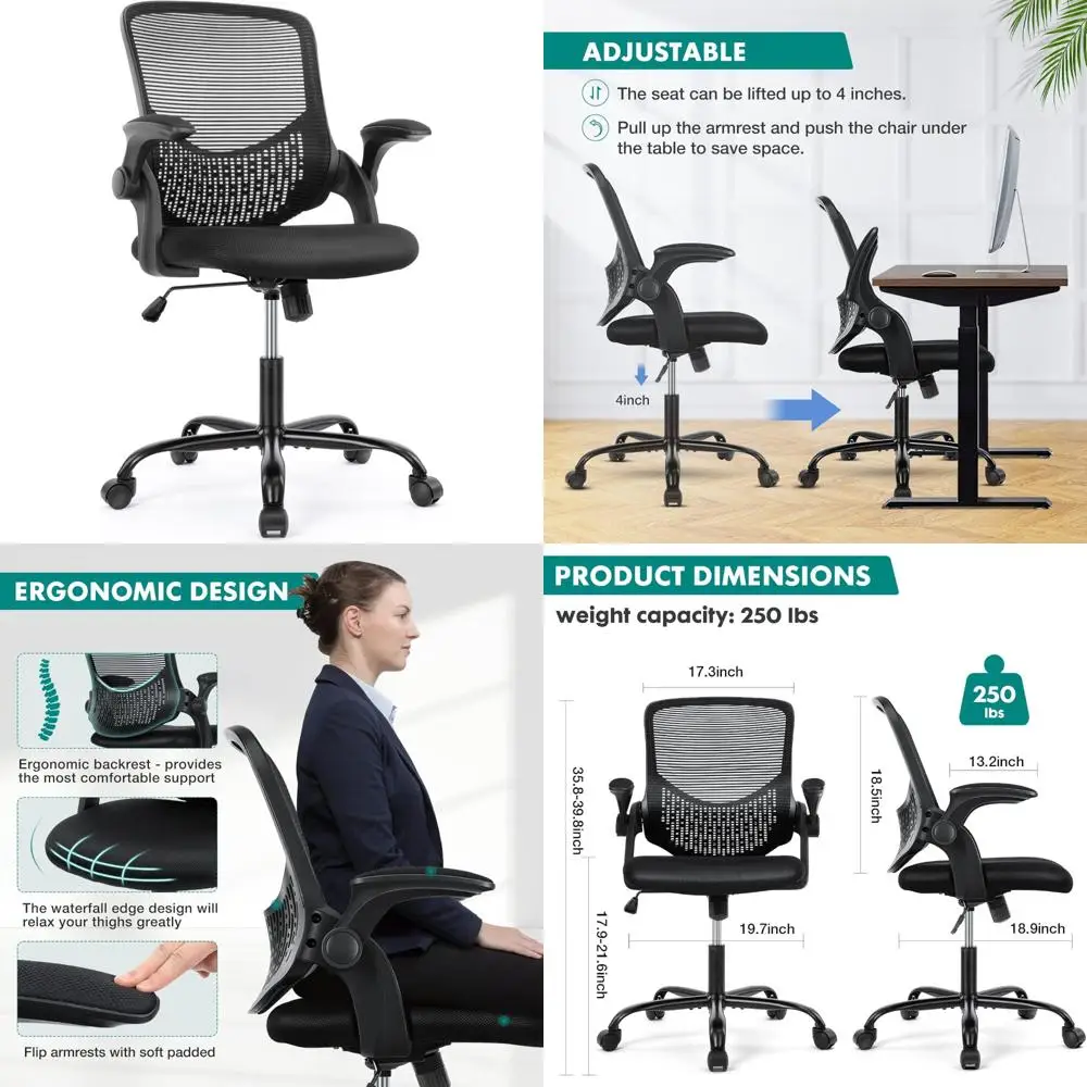 

Ergonomic Mesh Swivel Office Chair with Flip-up Arms, Lumbar Support, and Wheels