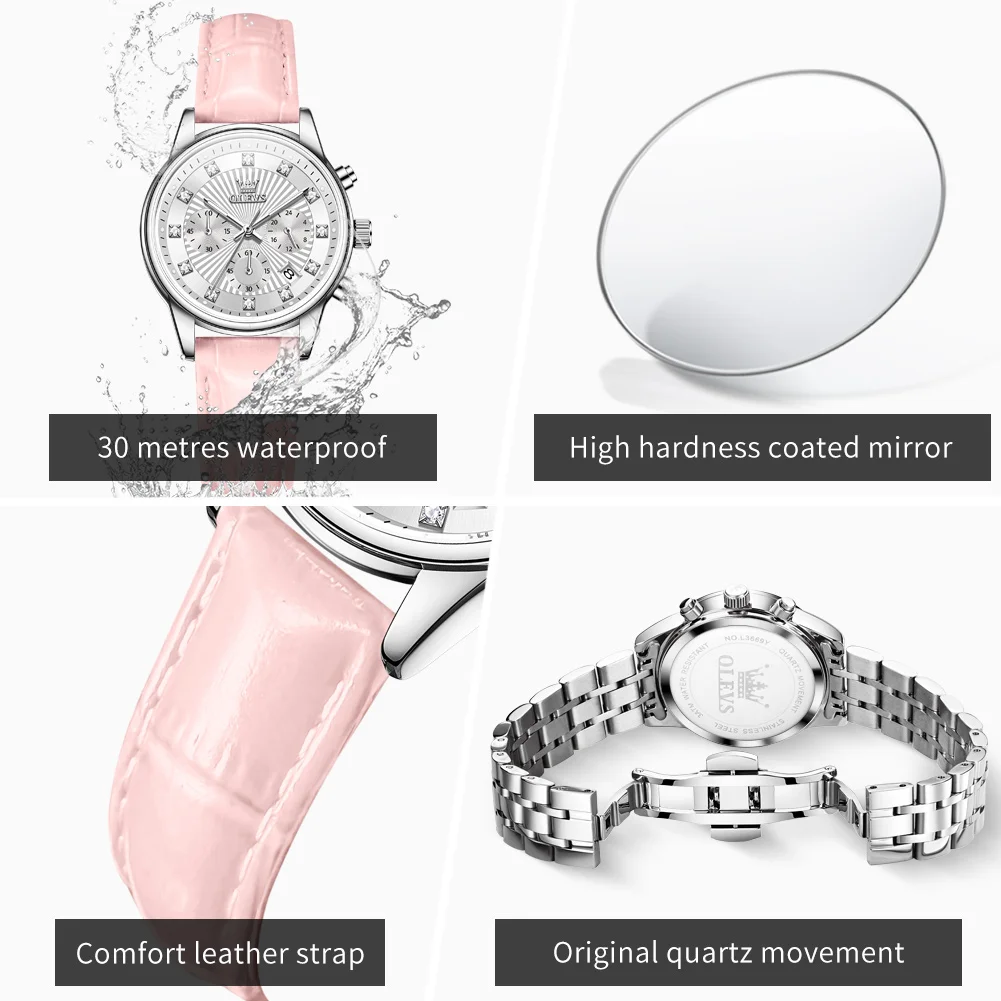 OLEVS 3669 Leather Strap Original Quartz Watch for Women Diamond Dial Classic Chronograph AutoDate Waterproof Women's Wristwatch