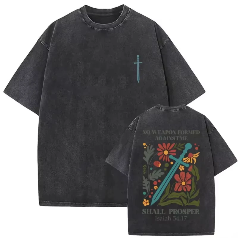Christian Sword & Floral T-Shirt Acid Wash Bible Verse Shall Prosper Tee Religious Faith Streetwear Cotton Top for Men Women