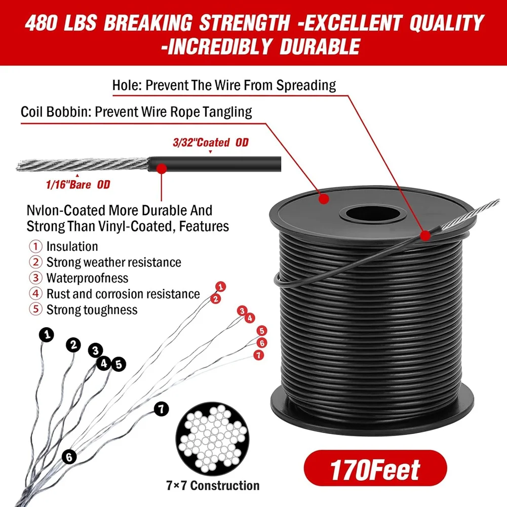 FAST-String Light Hanging Kit,Outdoor Light Wire,Ball Light String Hanging Kit,200FT Coated Stainless Steel 304 Cord Cable