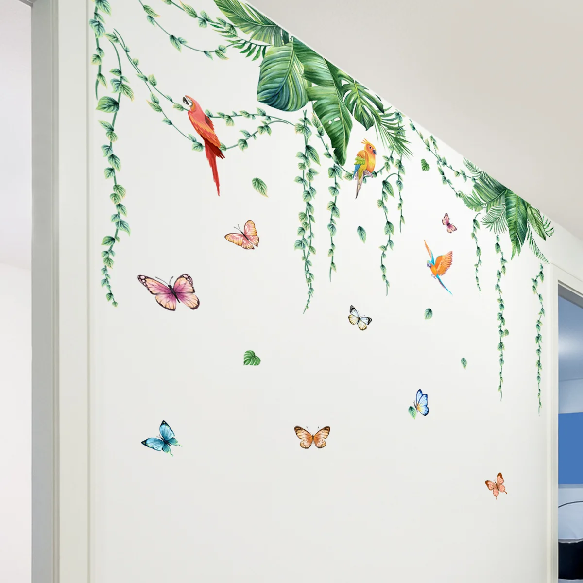 Creative green plant rattan banana leaf wall stickers Parrot butterfly living room bedroom background decoration wall stickers