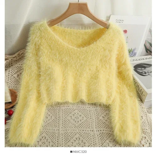 

Sweater Women Autumn Winter New Soft Short V Neck Solid Knitted Sweater Loose Streetwear Fashion Wild Pullovers E259