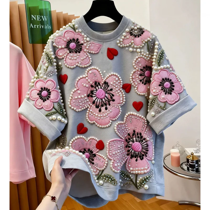 High Quality New Spring Summer Women Short Sleeve T-shirt Luxury Beading Flowers Round Neck Pullover Top Casual Loose Basic Tees