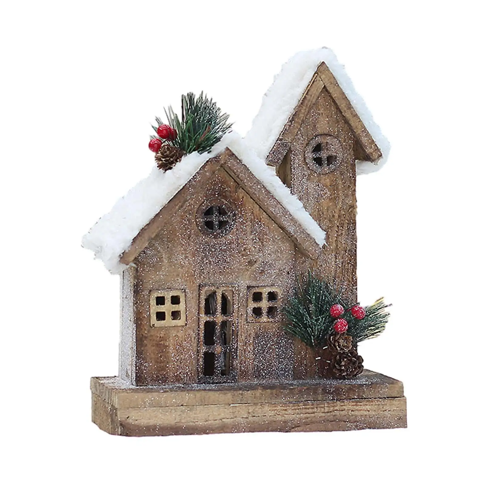 Wooden LED Christmas House Snow Village Figurine for Tabletop Fireplace Christmas Tree Ornament Present