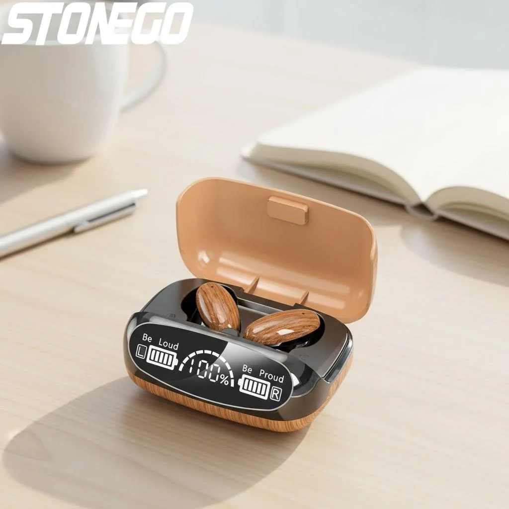 

Модные беспроводные TWS Bluetooth 5.2 наушники с текстурой под дерево, HD-зеркальным LED-дисплеем, сенсорным управлением и стереозвуком