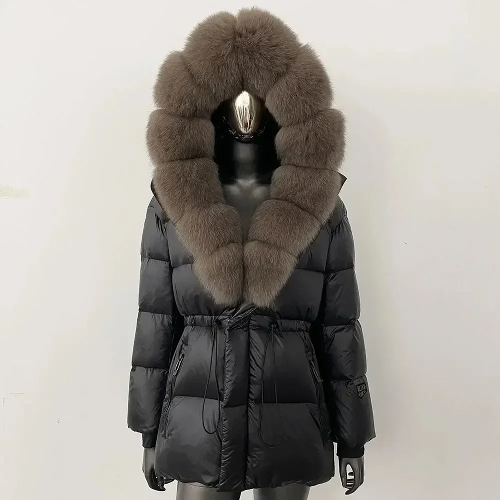 المرأة ريال كبير الثعلب الفراء طوق الشتاء الفراء الحقيقي الأبيض أوزة أسفل سترة جديدة الطبيعية فضفاضة سميكة حزام دافئ منتفخ سترة الفراء معطف