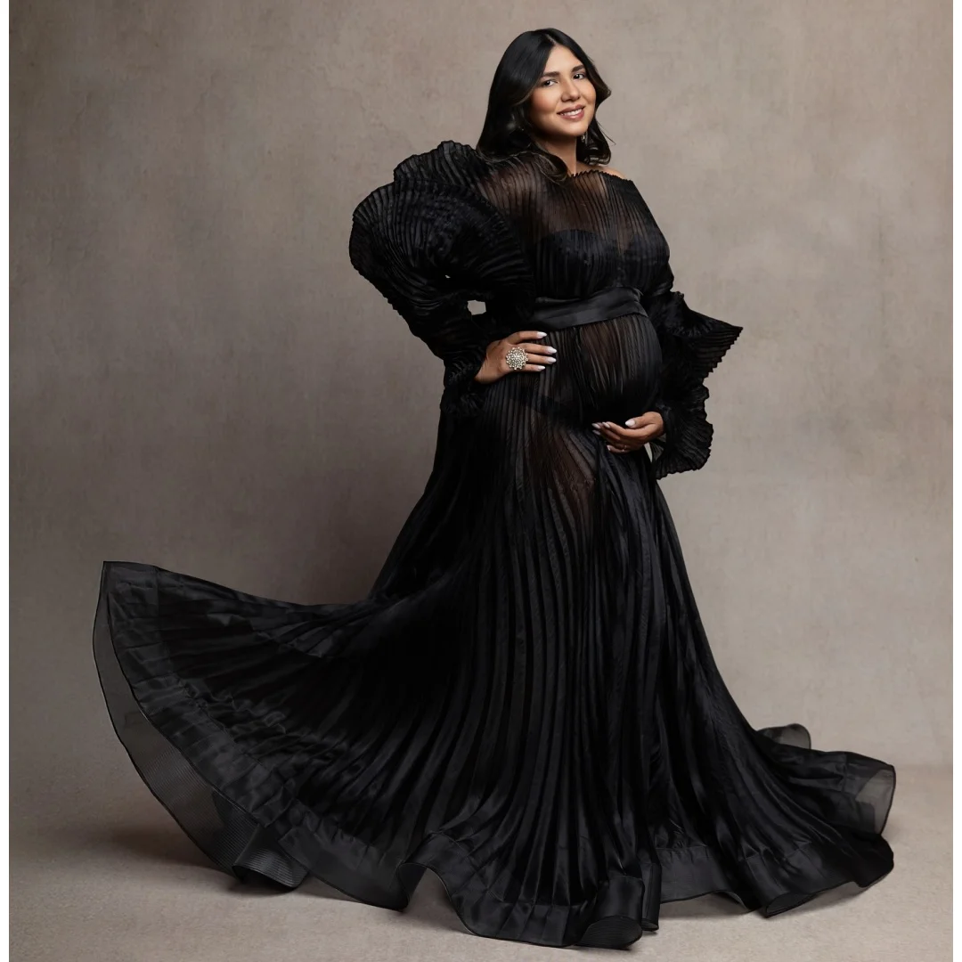 

Black Pleat Prom Dresses with Belt Long Sleeves Maternity Photoshoot Dress Customized Floor Length vestido de novia