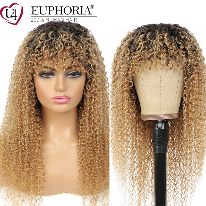 

Ombre Blonde Kinky Jerry Curly Wigs With Hair Bangs Brown Burg Brazilian Remy Human Hair Full Machine Long Wigs 6-24In Euphoria