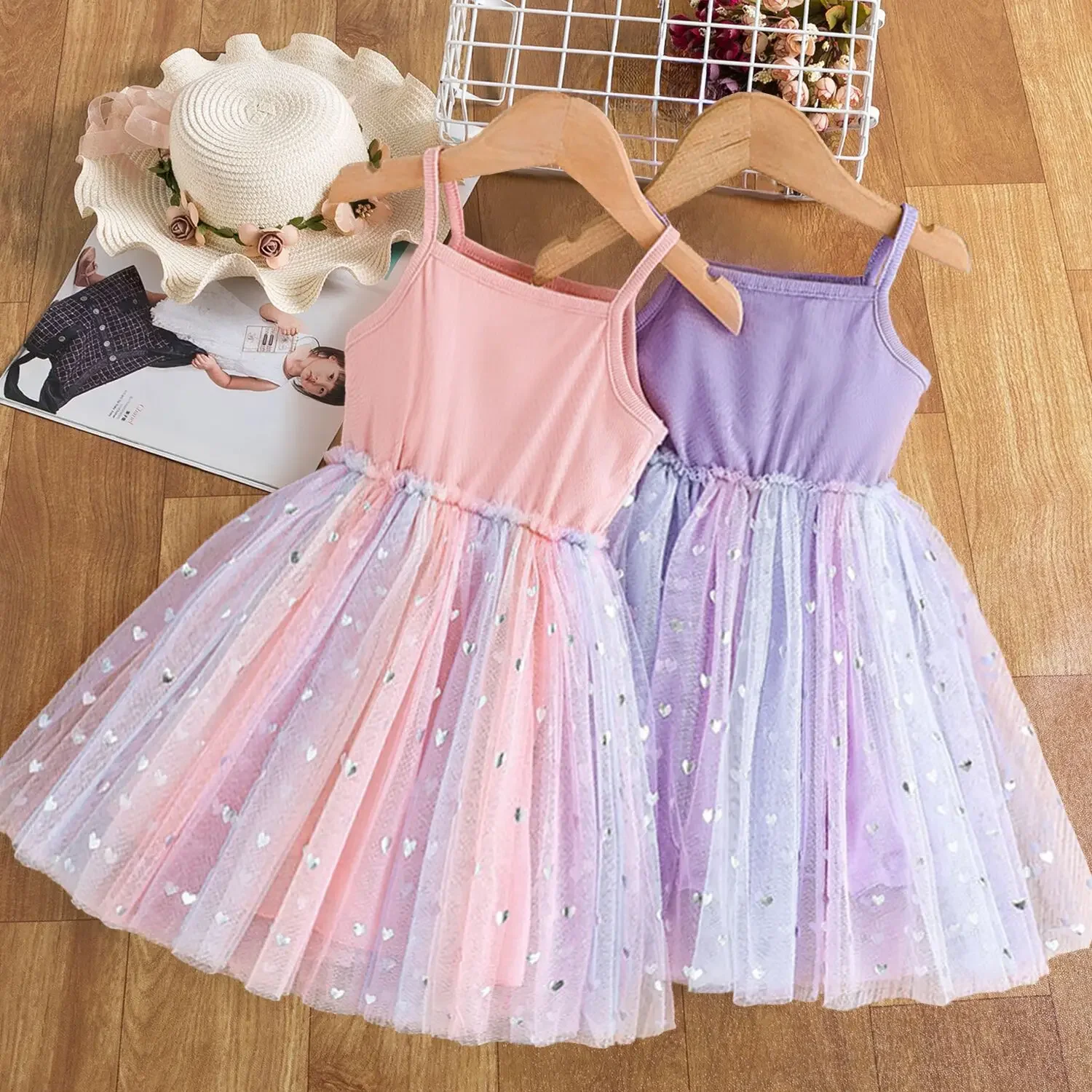 Toddler Girls Party Dresses Sequin Solid Color Baby Clothes Princess Birthday Tulle Dress 2024 New Summer Dress for Girls 1-5Yrs