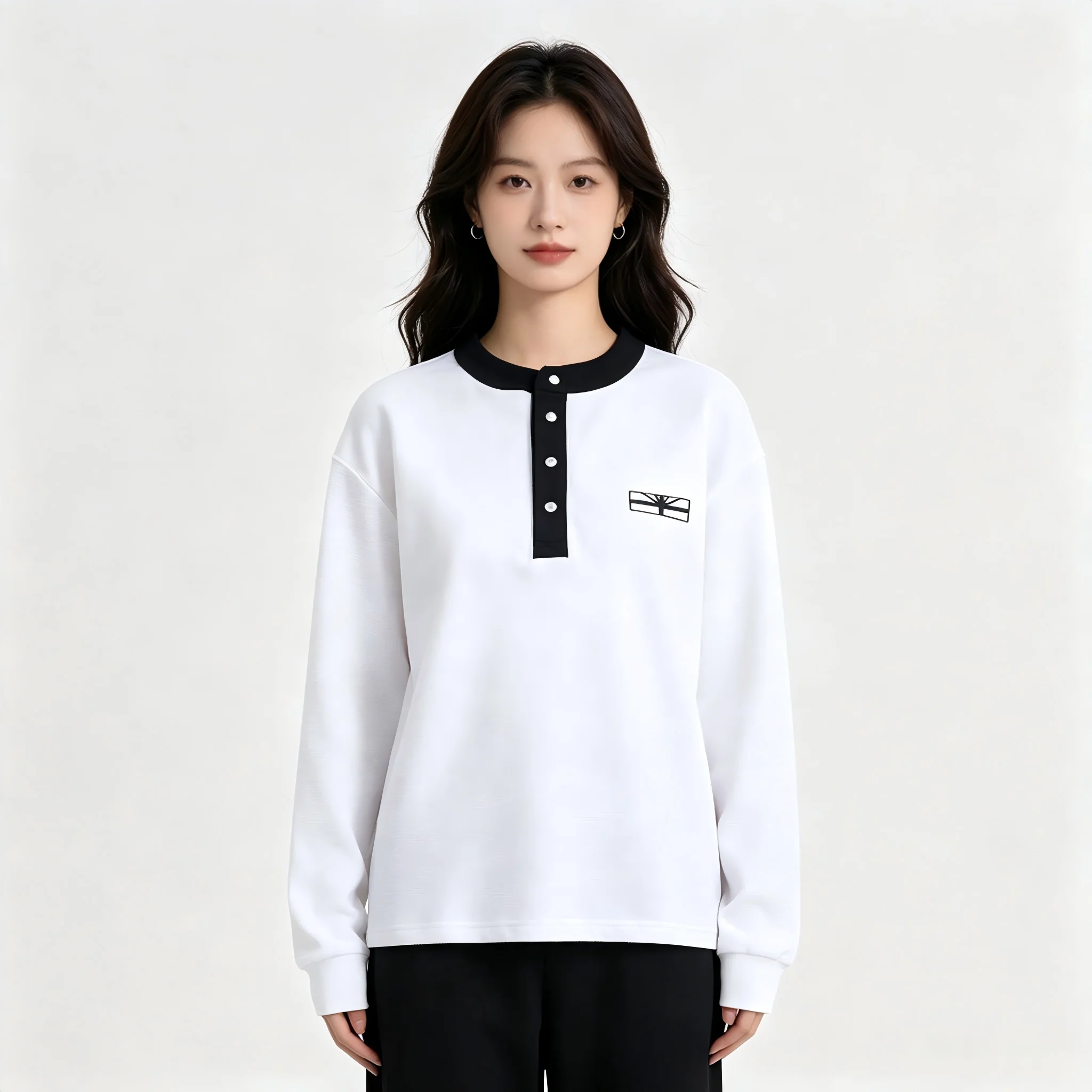 Vertabrae Black White Contrast Henry Collar Waffle Unisex Knit Long Sleeve T-Shirt  Casual Tops