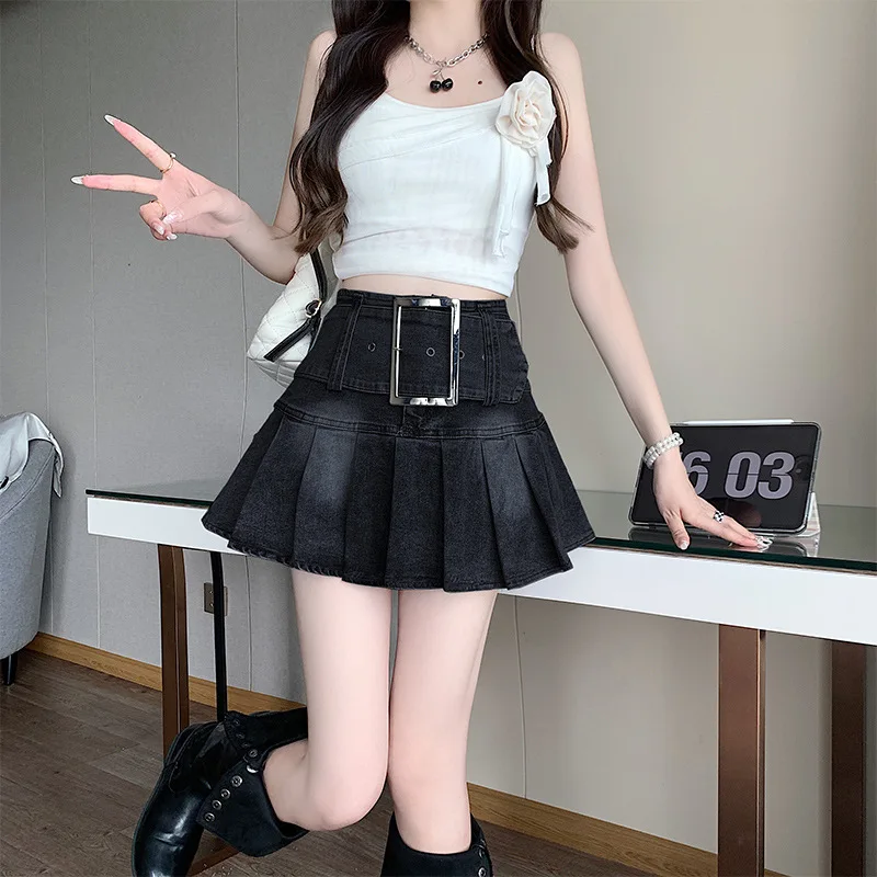 ZXRYXGS 2024 High Waisted Denim Pleated Short Skirt Girlish and Motorcycle Cool Pantskirt Whitening Aging Culottes Women Skirts