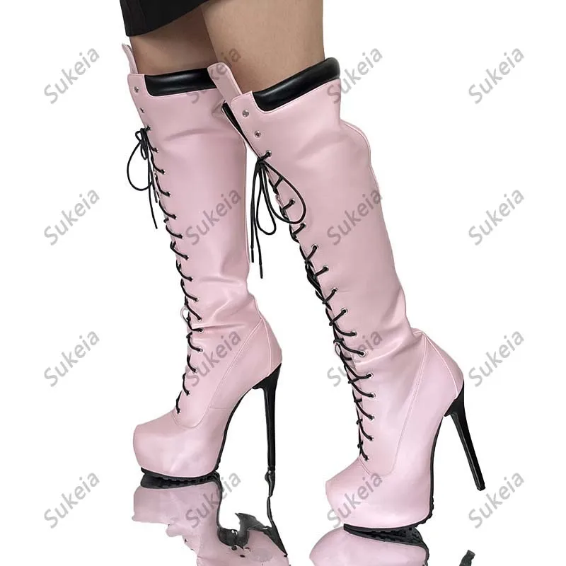 Sukeia New Women Winter Knee Boots Platform Thin High Heels Round Toe Gorgeous Pink Outfitting Shoes Ladies US Plus Size 5-20