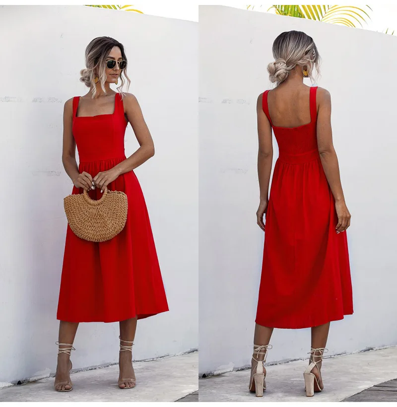 Sleeveless Dresses Summer Women Spaghetti Strap Sweet Simple 3 Colors College Beach Leisure Korean Chic Retro Temperament Slim