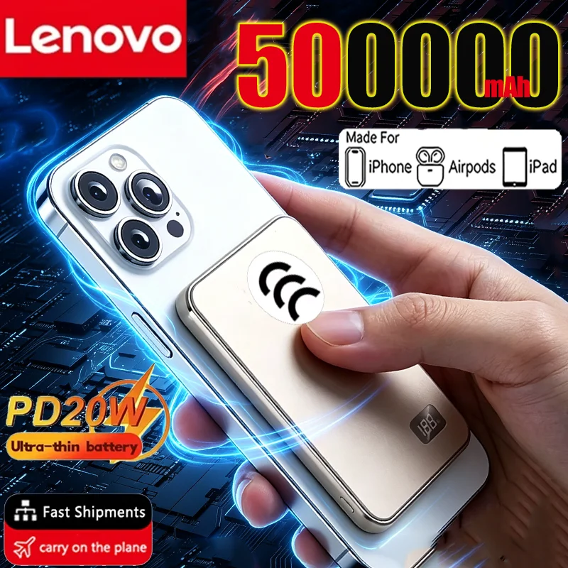 Lenovo 500000mAh Wireless Magnetic Power Bank PD22.5W Fast Charging External Battery For Magsafe For Xiaomi iPhone
