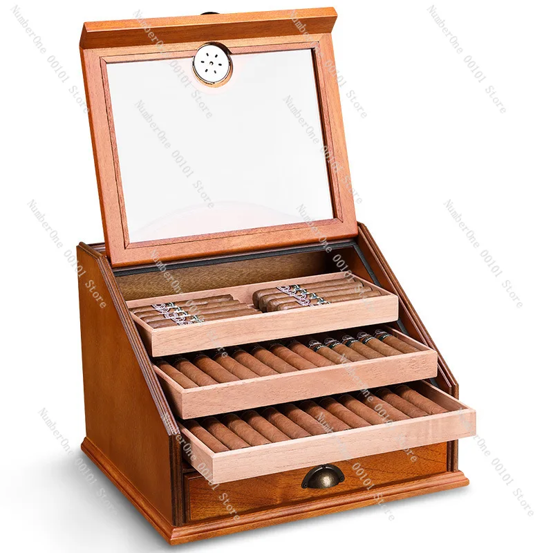 Cedar Wood Cigar Humidor, Large Capacity Spanish Cedar Cigar Box with Hygrometer, Professional Humidor Cabinet for Cigars