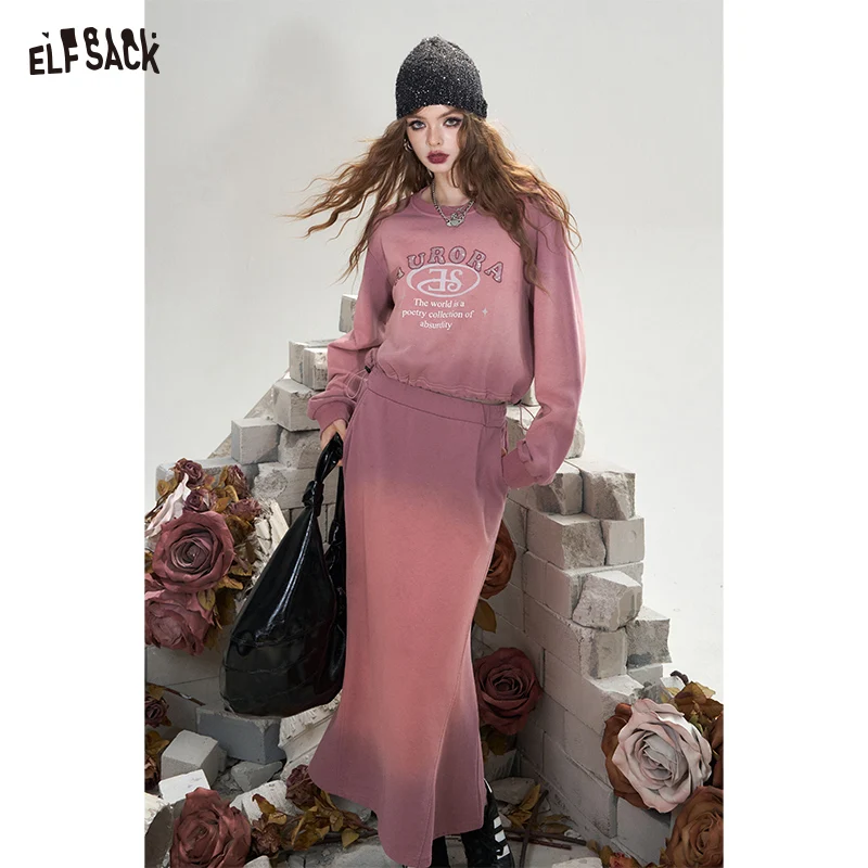 2024 Autumn ELFSACK New Arrivals Gray pink wasteland style retro casual sports sweater skirt two-piece suit for women