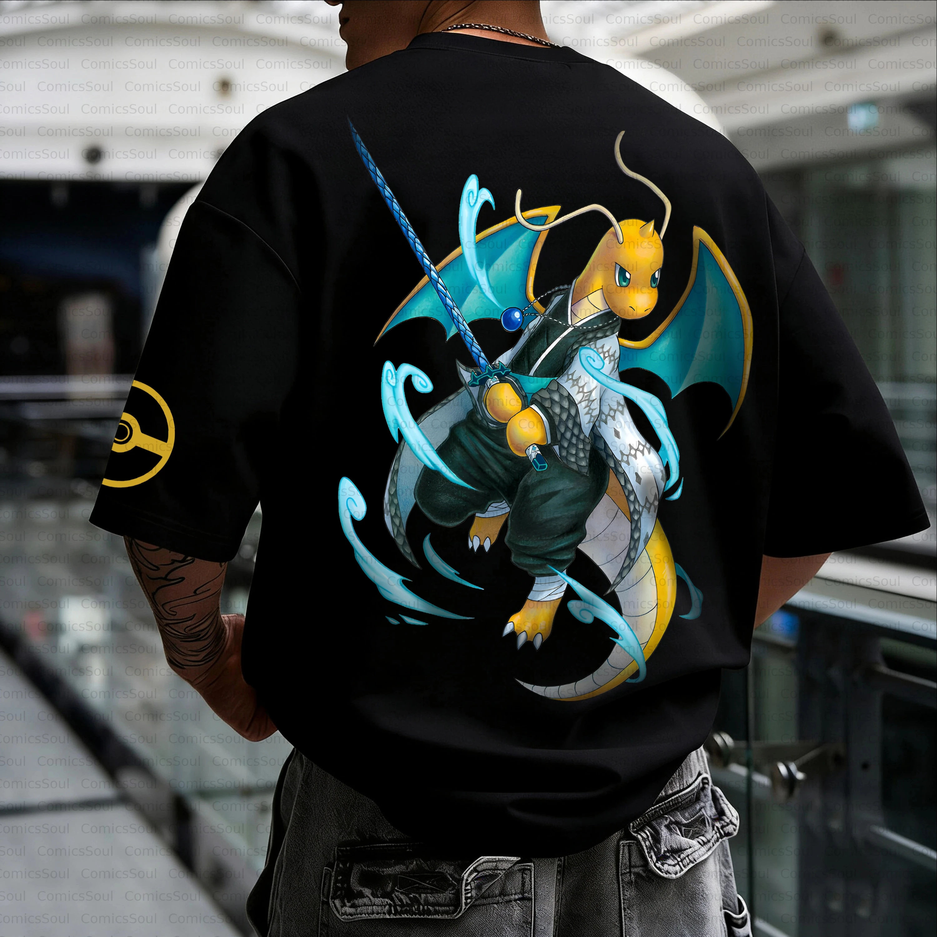 

Summer 2026 Anime Pokemon Pure Cotton T Shirt Dragonite Back Print with Blue Sword and Water Effects Yellow Sleeve Pokeball