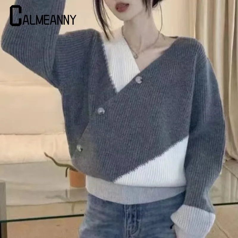 

2024 Autumn Winter New Fashion V-neck Long Sleeve Contrast Color Pullovers Women's Clothing Korean Edition Loose Simplicity Tops