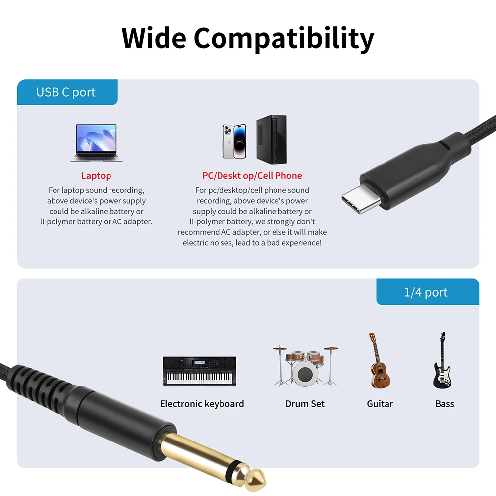 1/2/3M Type C To 6.35mm Aux Jack Cord with Gold-Plated Connector 1/4 Inch TS To USB-C Audio Cable for iPhone 15 iPad  Book