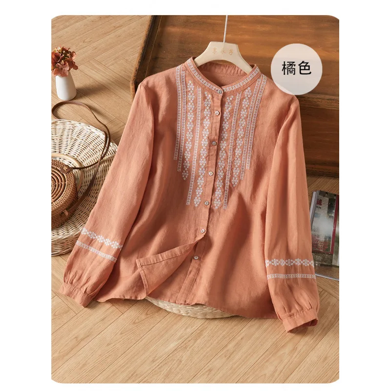 Spring New Artistic Retro Embroidery Cotton Linen Women's Artistic Retro Stand Collar Women's Versatile Long Sleeved Shirt Top