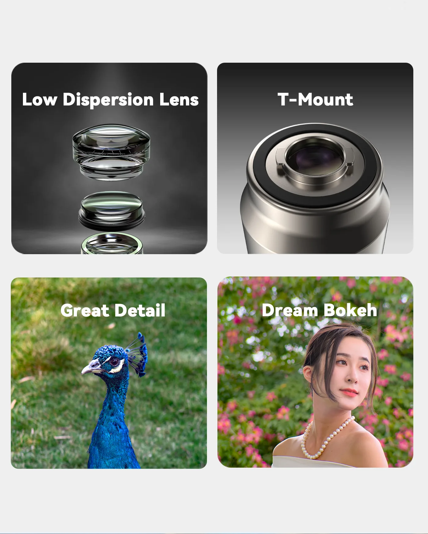 Fotorgear T-mount 135mm Telephoto Lens Retro Titanium Universal External Phone Lens for iPhone Macro Portrait Photography