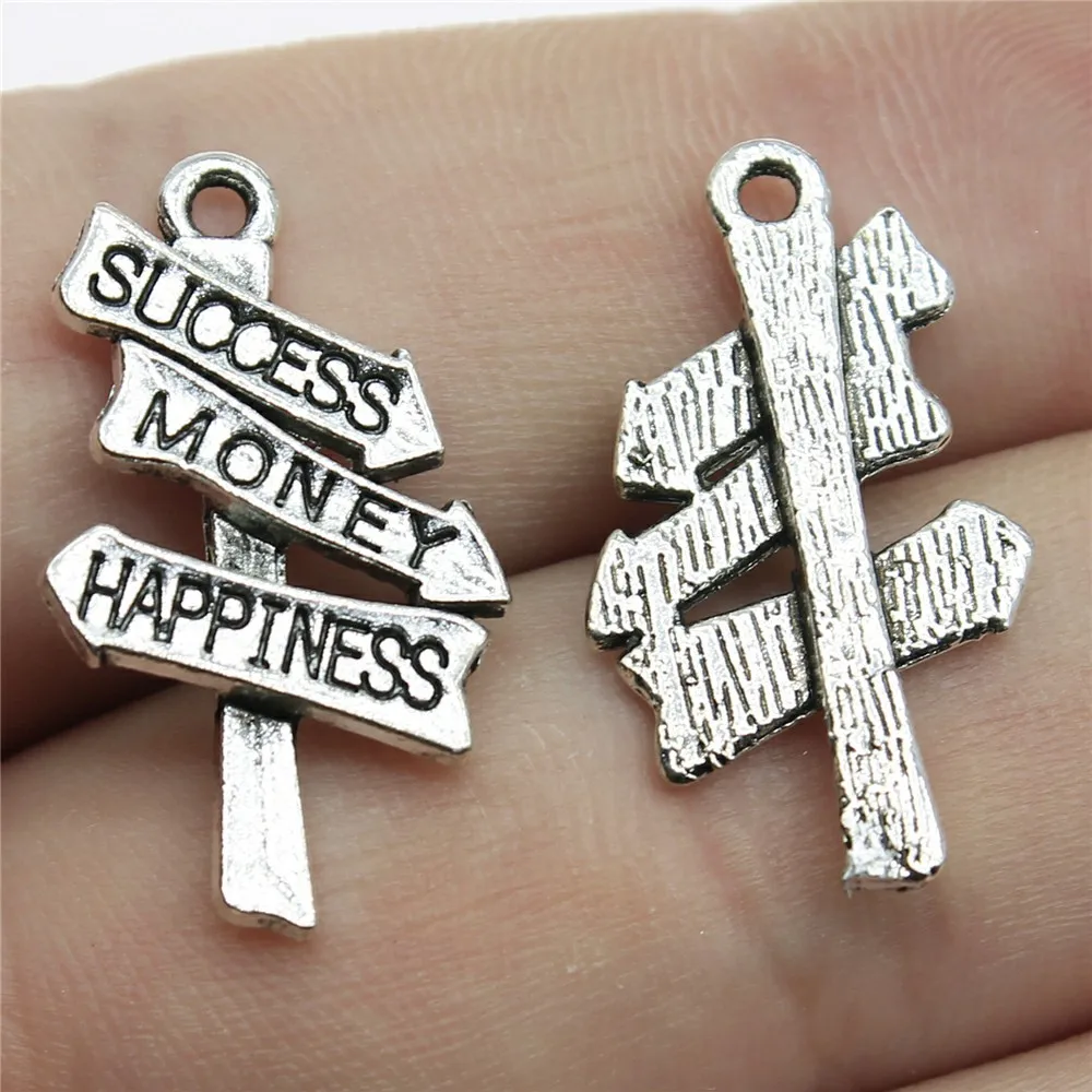 10Pcs/Lot Charms Signpost Success Money Happiness 25x16mm Antique Silver Color Pendants Making DIY Handmade TibetanJewelry