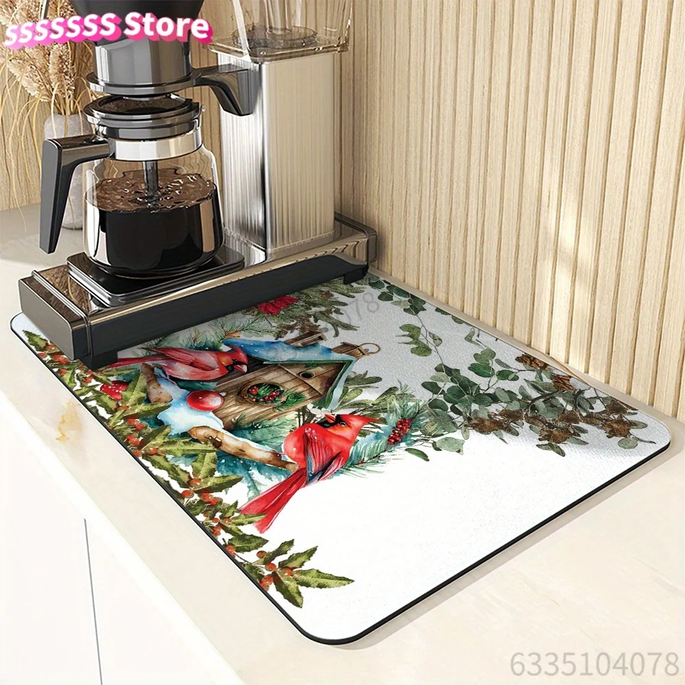 Festive Christmas Kitchen Mat, Polyester Cover with Rubber Back, Durable Drying Pad for Dishes, Holiday Home Decor