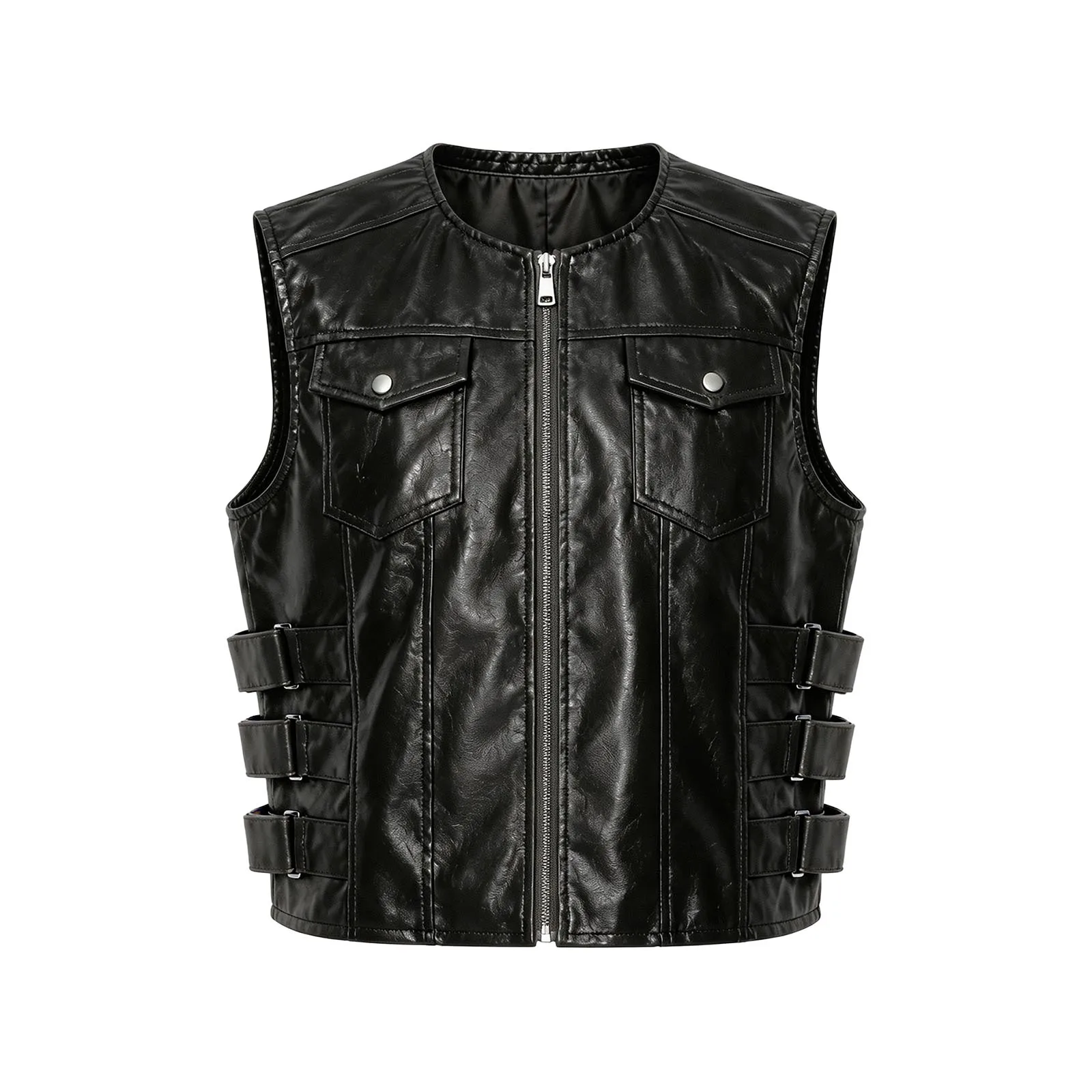 Men Faux Leather Motorcycle Jacket Vest Side Button Straps Zip Sleeveless Jacket for Motorcycling Leather Coat Moto Jacket Vest