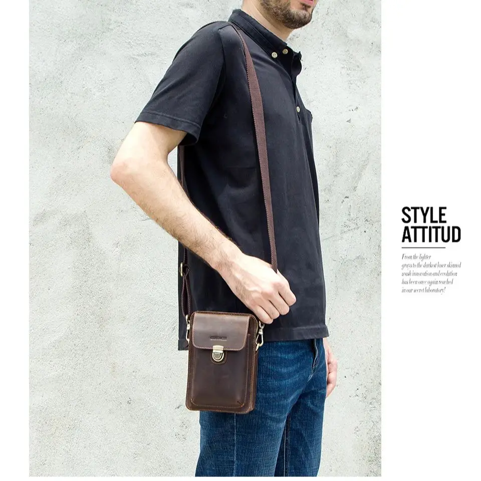 Contact\'s Genuine Leather Waist Packs Men Phone Bags with Passport Holder Messenger Shoulder Bag for Man Travel Belt Bag Small