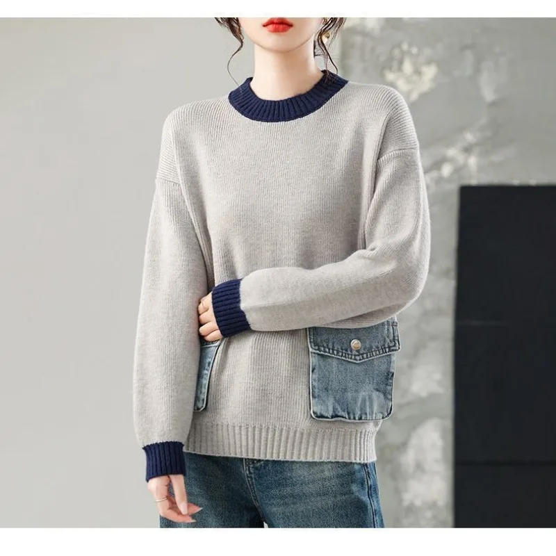 

Новые осенне-зимние свитера и свитера контрастного цвета, свободные женские лоскутные рубашки с длинными рукавами и круглым вырезом, топы