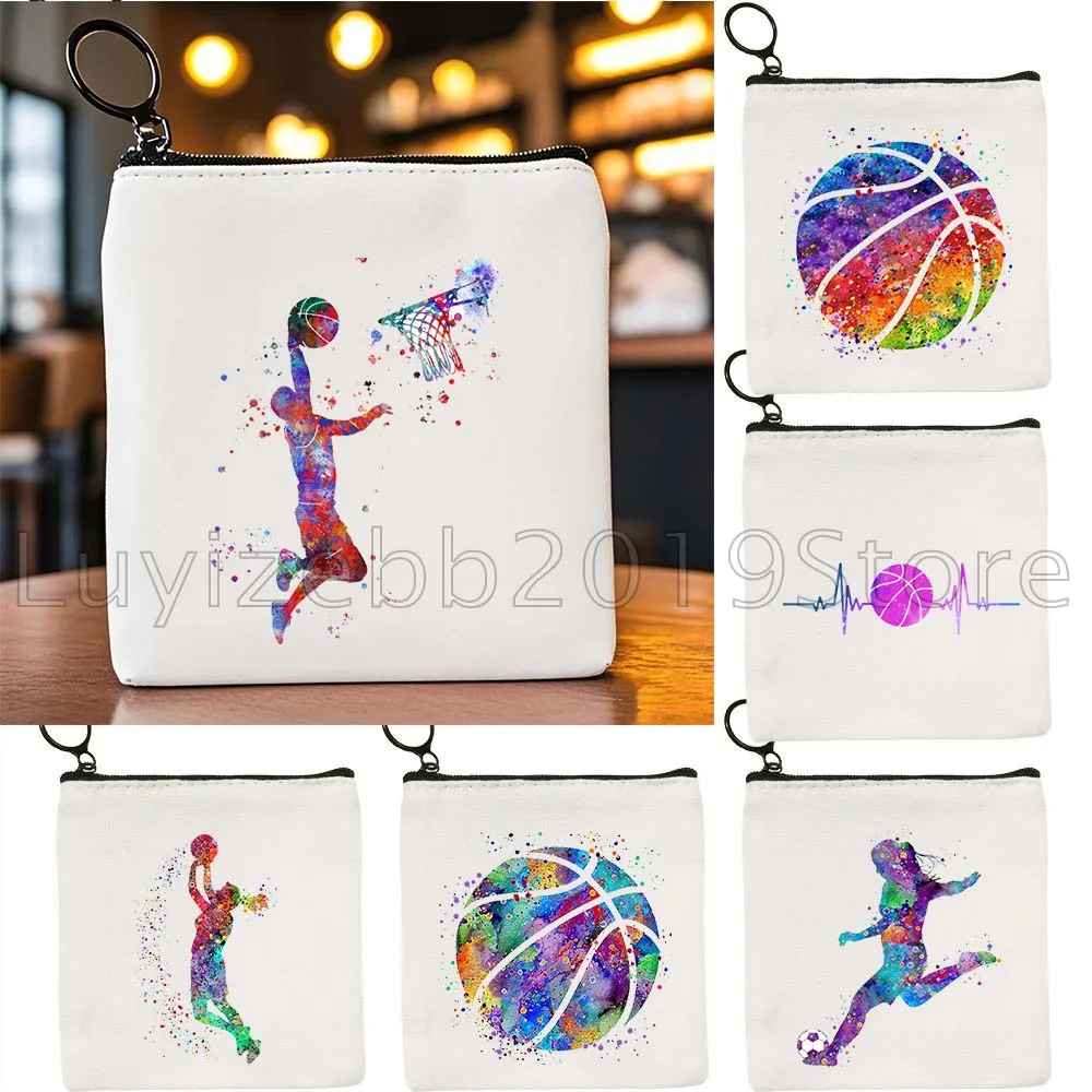 Basketball Ball Watercolor Sports Gifts Canvas Coin Purse Small Square Bag Key Travel Storage Card Bags Wallet Pouch Portable