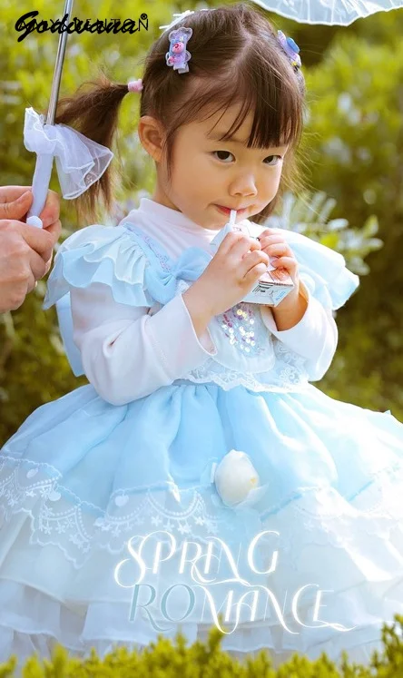 Kids Blue Feifei Sleeve Sequin Lolita Princess Dress Sweet Baby Girls 2026 New Summer Lace Ruffle Trim Birthday Party Ball Gown
