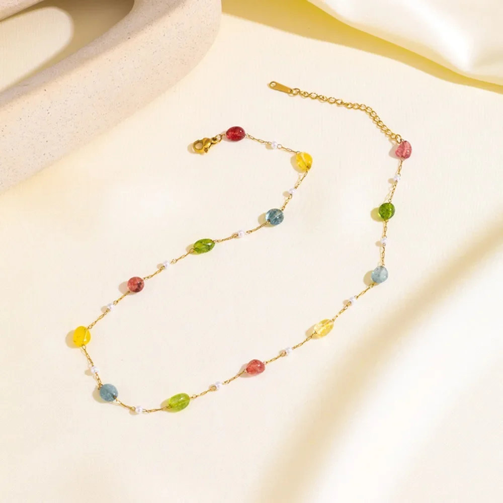 Fashion Dopamine Colored Natural Stone Imitation Pearl Hand-strung Beads Stainless Steel Necklace for Women Summer Jewelry Gifts