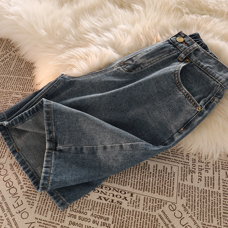 High Quality Retro Blue Denim Shorts 2024 New Women's Button Elastic Waist High Waist Wide Leg Straight Leg Five Quarter Pants