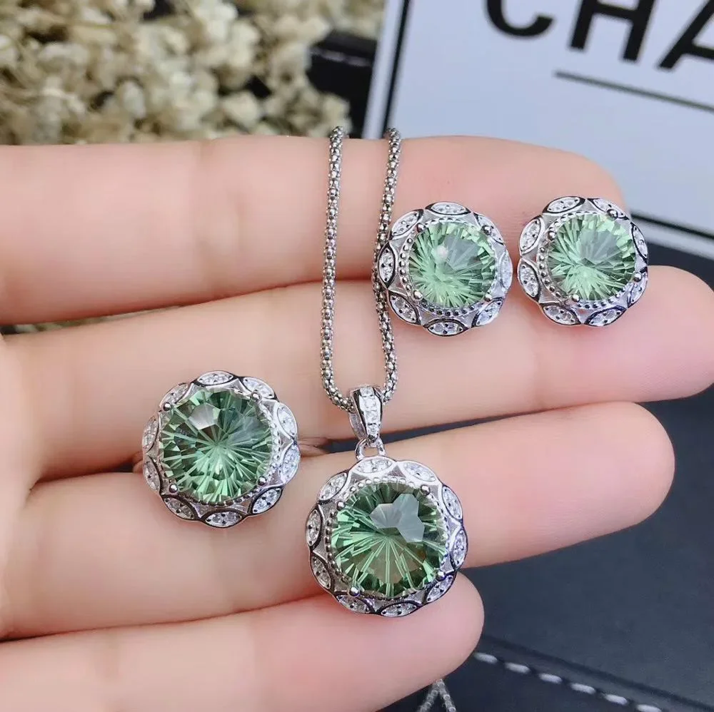 Boutique Jewelry 925 Sterling Silver Inlaid Green Crystal Necklace Ring Earring Famale Suit Beautiful