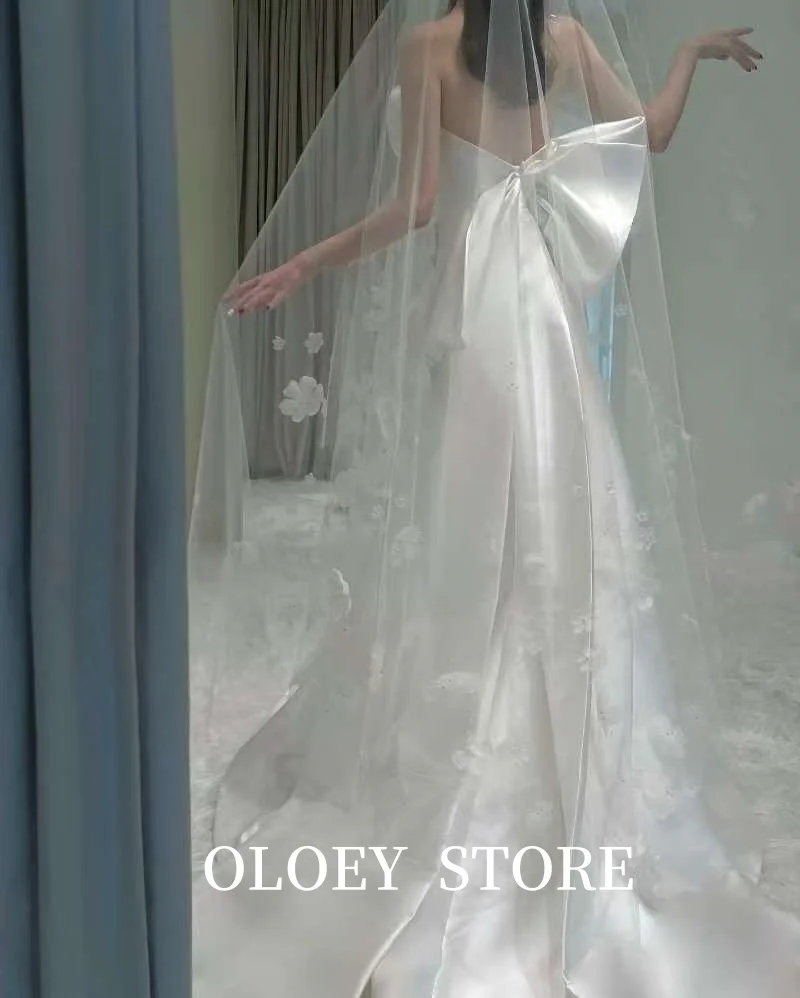 OLOEY Elegant Mermaid Wedding Dresses Strapless Bowknot Sweep Train Thick Satin Floor Length Bridal Gowns Corset Back Customized