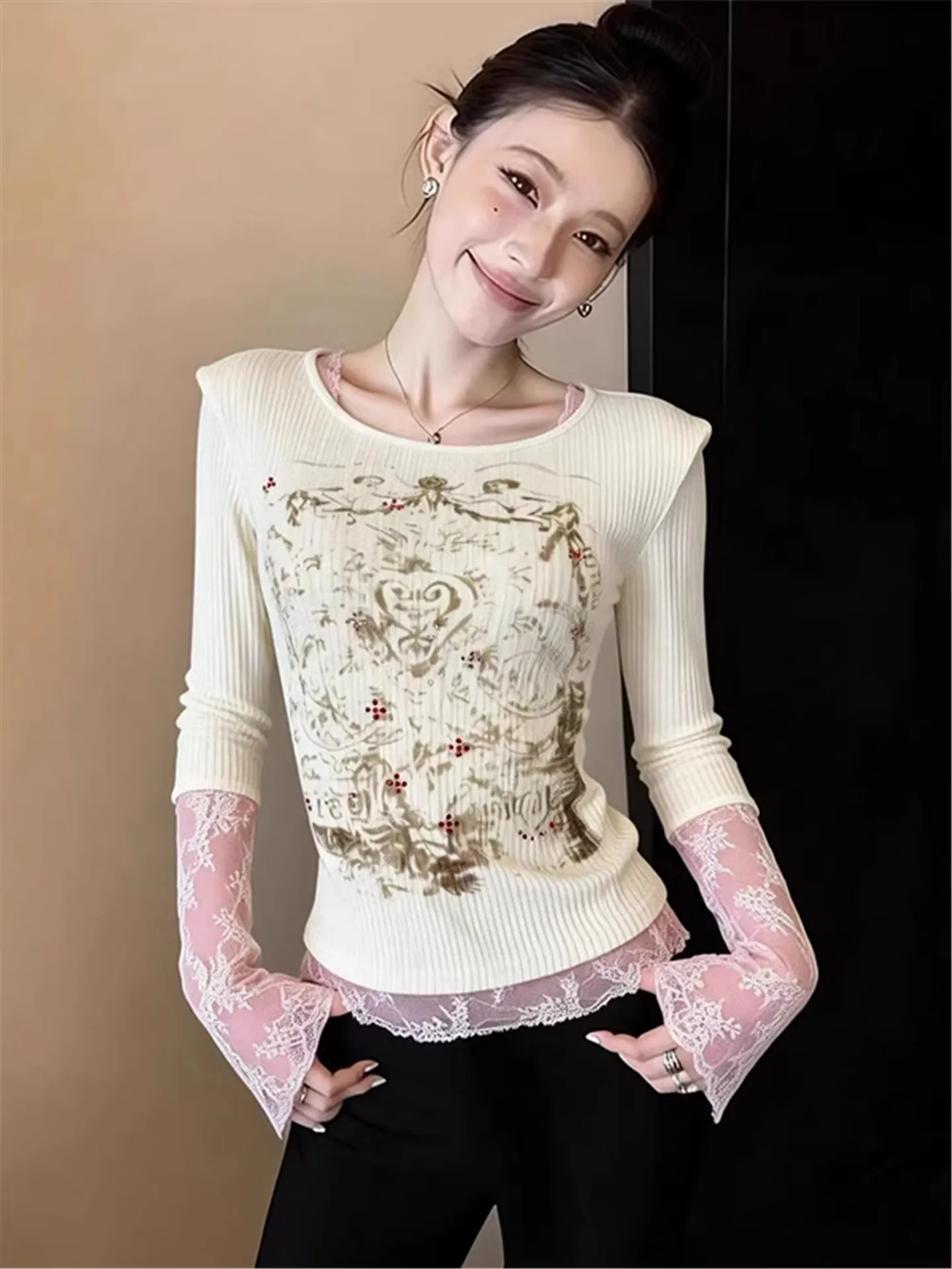 Women's Fake Two Pieces T-shirt Harajuku Korean Y2k Tee Top 90s Aesthetic Vintage Long Sleeve Patchwork T-shirts 2000s Clothes